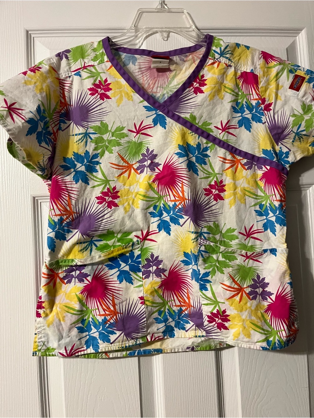 Dickies White Kids Scrub Top with Multicolor Floral Print and Purple Trim